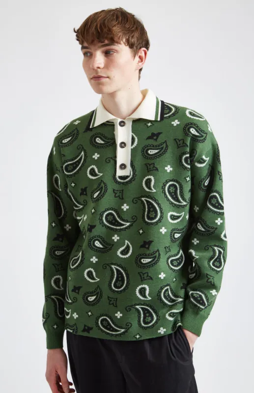 Shirt Neck Merino Jumper With Paisley Birdseye Jacquard In Emerald made by Pringle of Scotland