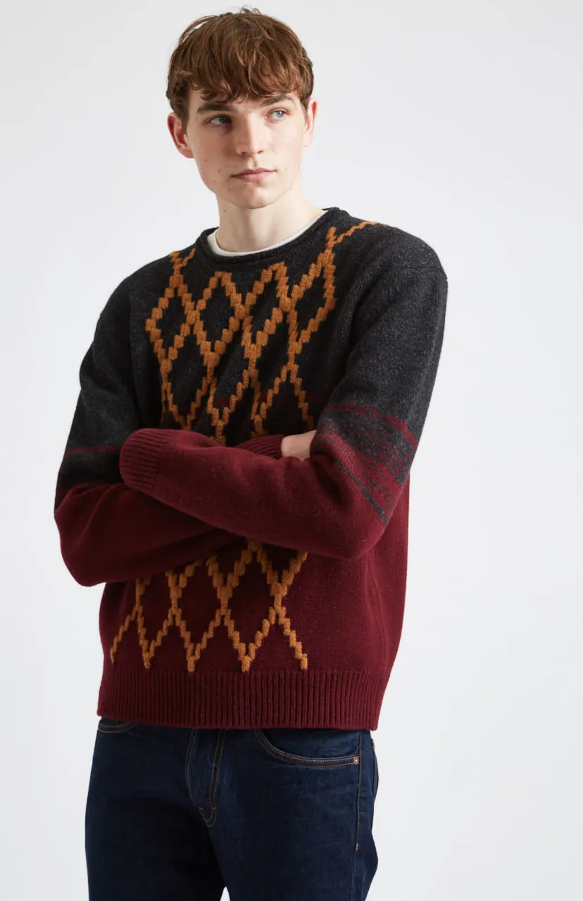 Lambswool Round Neck Jumper With Argyle Pattern And Degrade Effect In Charocal And Dark Claret sold by Pringle of Scotland product image thumbnail 4