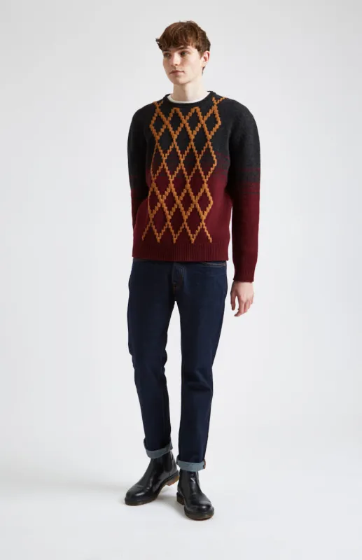 Lambswool Round Neck Jumper With Argyle Pattern And Degrade Effect In Charocal And Dark Claret sold by Pringle of Scotland