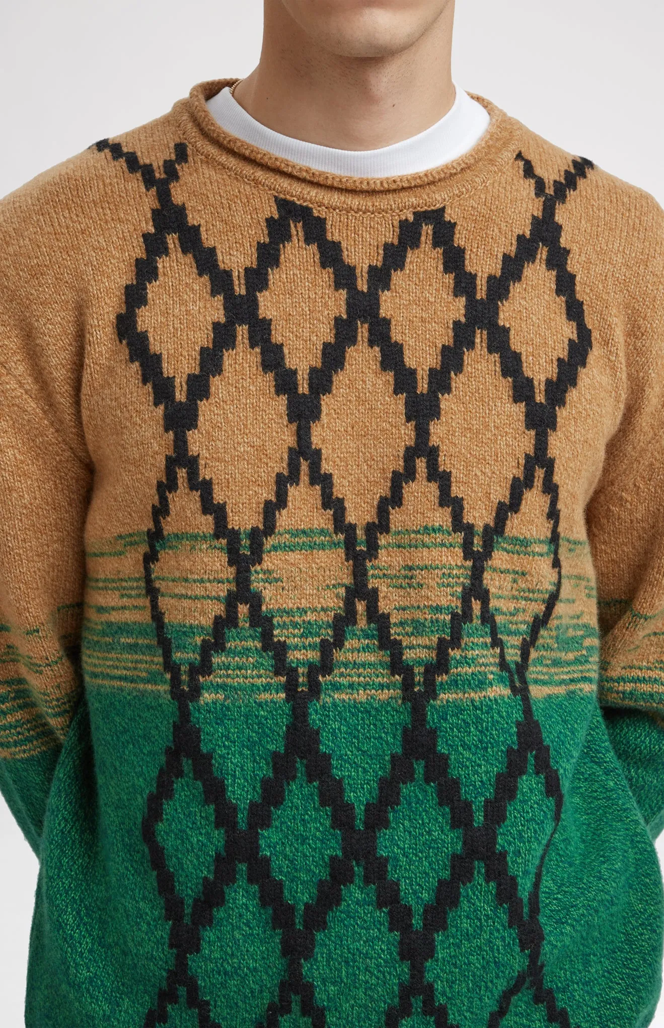 Lambswool Round Neck Jumper With Argyle Pattern And Degrade Effect In Vicuna And Evergreen sold by Pringle of Scotland product image thumbnail 5