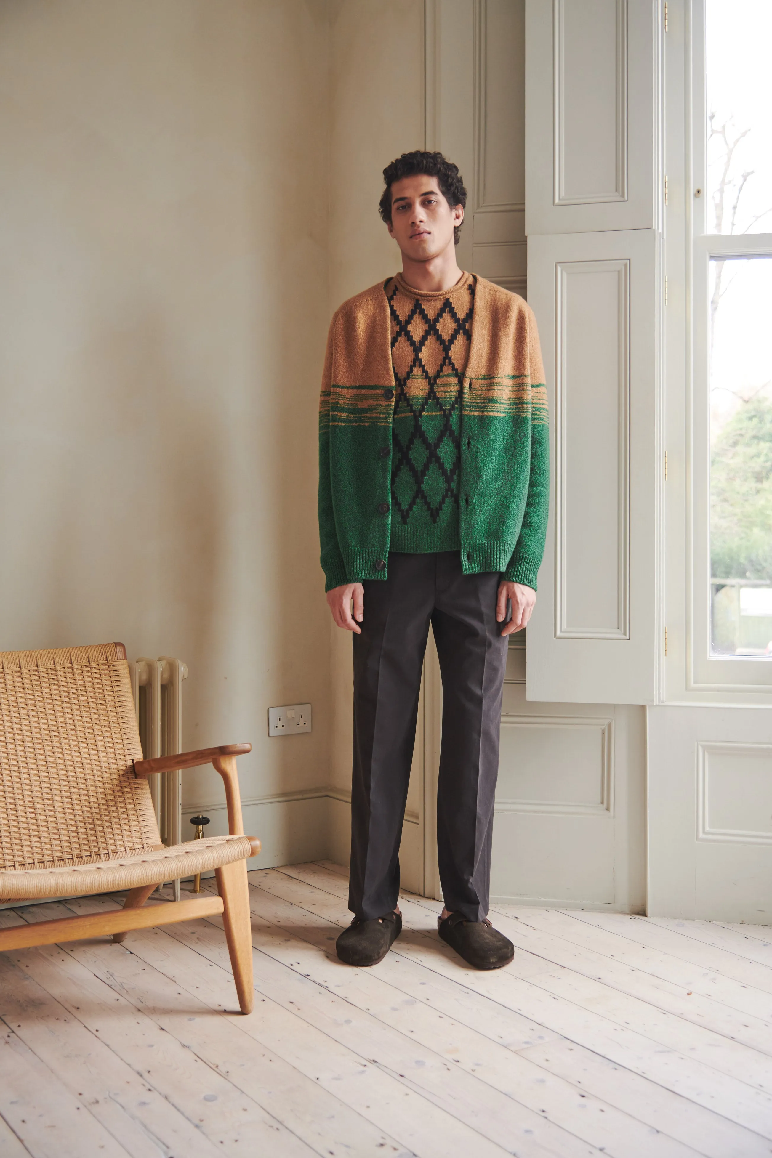 Lambswool Round Neck Jumper With Argyle Pattern And Degrade Effect In Vicuna And Evergreen sold by Pringle of Scotland product image thumbnail 2