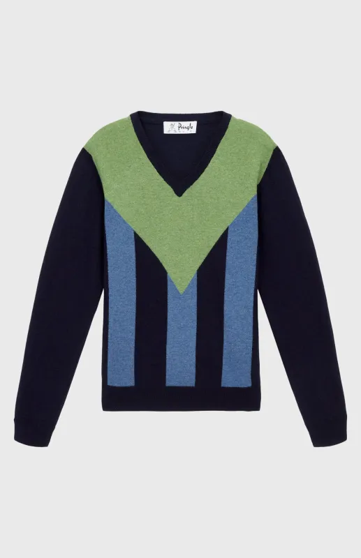Unisex V Neck Stripe Jumper In Navy sold by Pringle of Scotland