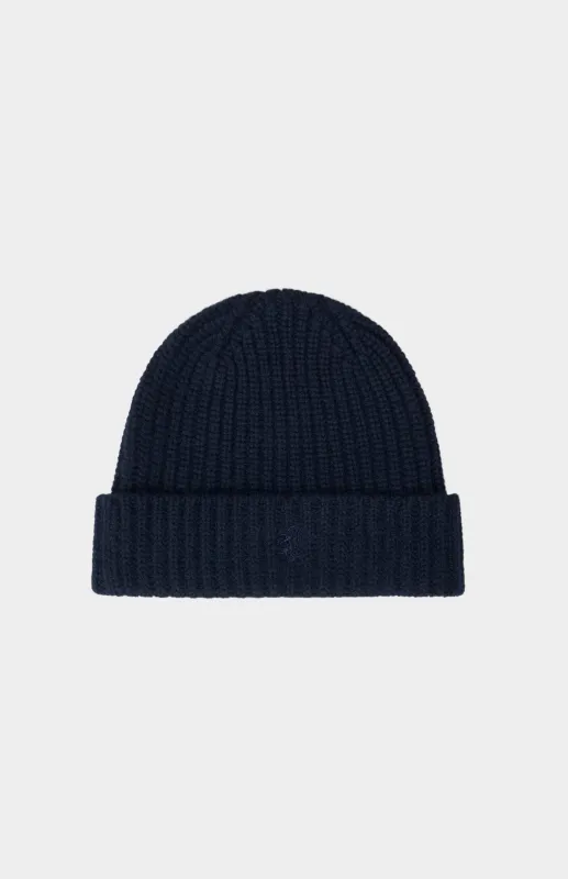 Ribbed Chunky Cashmere Beanie In Navy sold by Pringle of Scotland