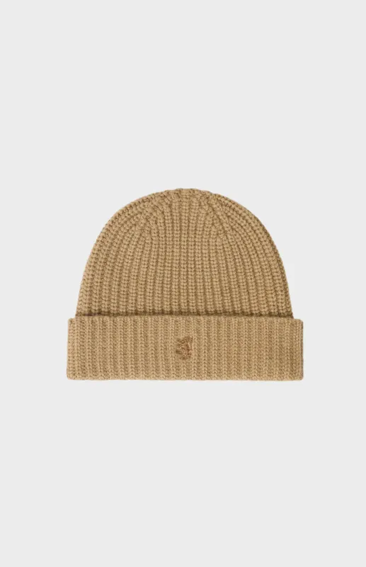 Ribbed Chunky Cashmere Beanie In Camel made by Pringle