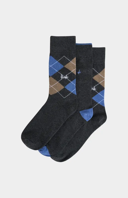 Men’s Argyle Cotton Jacquard Socks in Charcoal, Blue & Camel made by Pringle