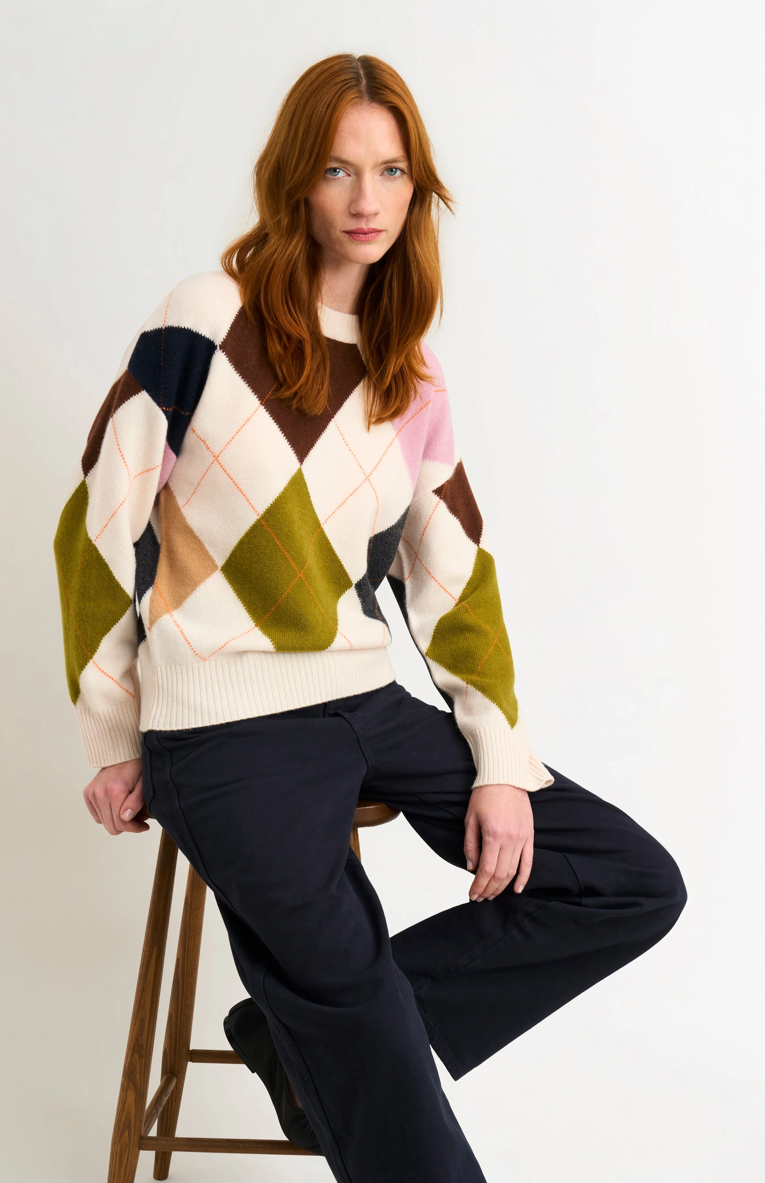Women's Crew Neck Supersoft Lambswool Argyle Jumper In Ecru / Multi sold by Pringle of Scotland