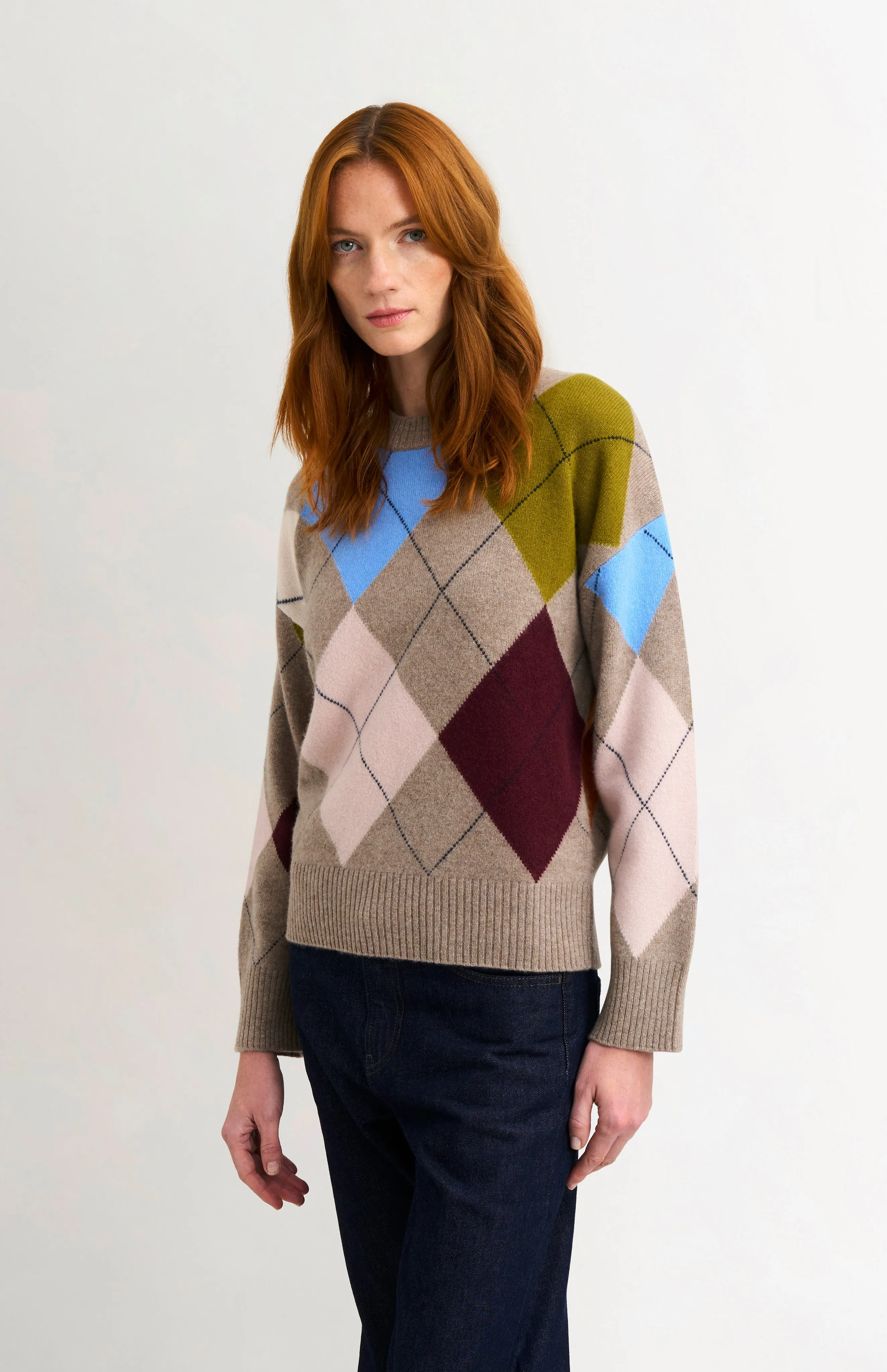 Women's Crew Neck Supersoft Lambswool Argyle Jumper In Mushroom / Multi sold by Pringle of Scotland
