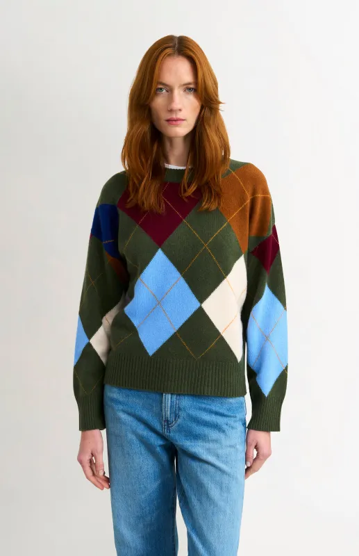 Women's Crew Neck Supersoft Lambswool Argyle Jumper In Olive Green / Multi made by Pringle