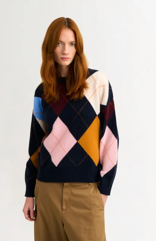 Women's Crew Neck Supersoft Lambswool Argyle Jumper In Navy / Multi made by Pringle