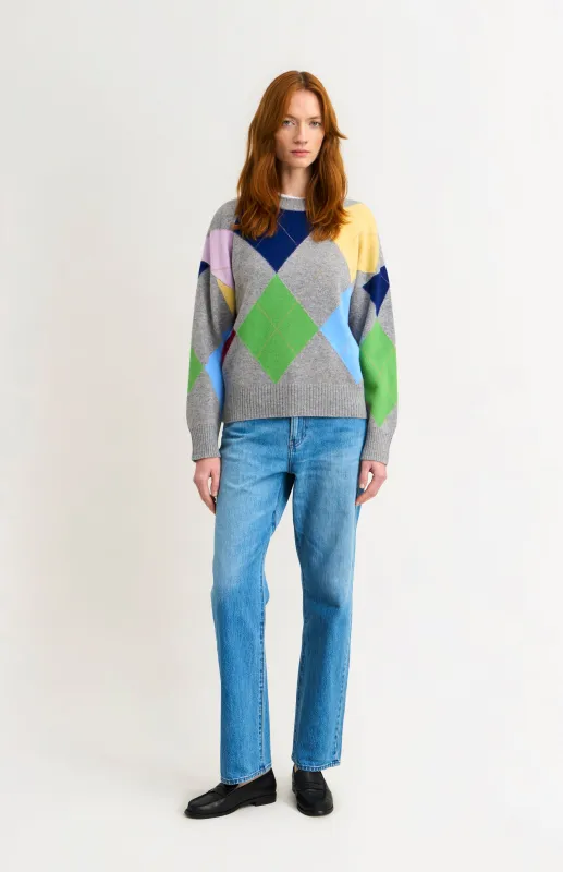 Women's Crew Neck Supersoft Lambswool Argyle Jumper In Grey Melange / Multi made by Pringle