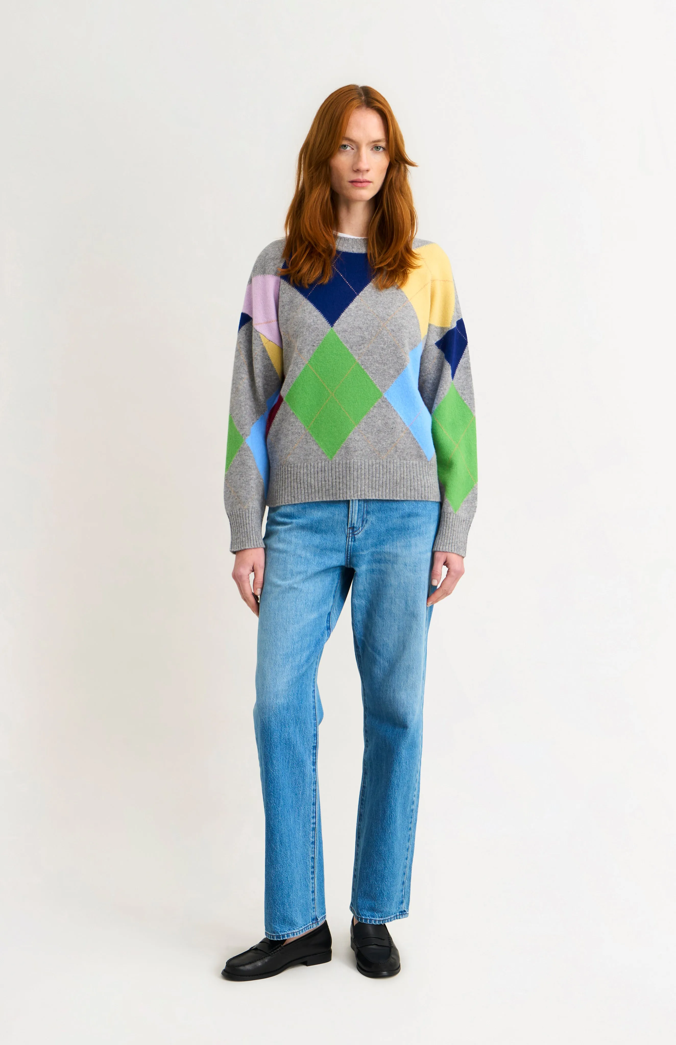 Women's Crew Neck Supersoft Lambswool Argyle Jumper In Grey Melange / Multi sold by Pringle of Scotland