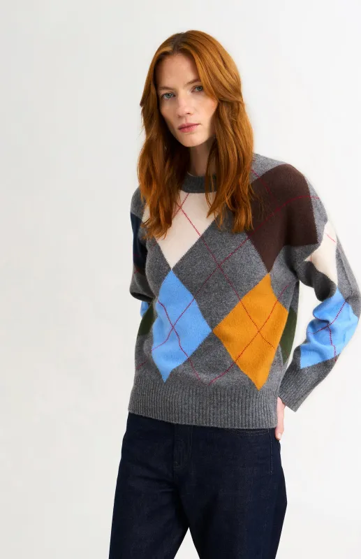 Pringle Women's Crew Neck Supersoft Lambswool Argyle Jumper In Charcoal / Multi made by Pringle