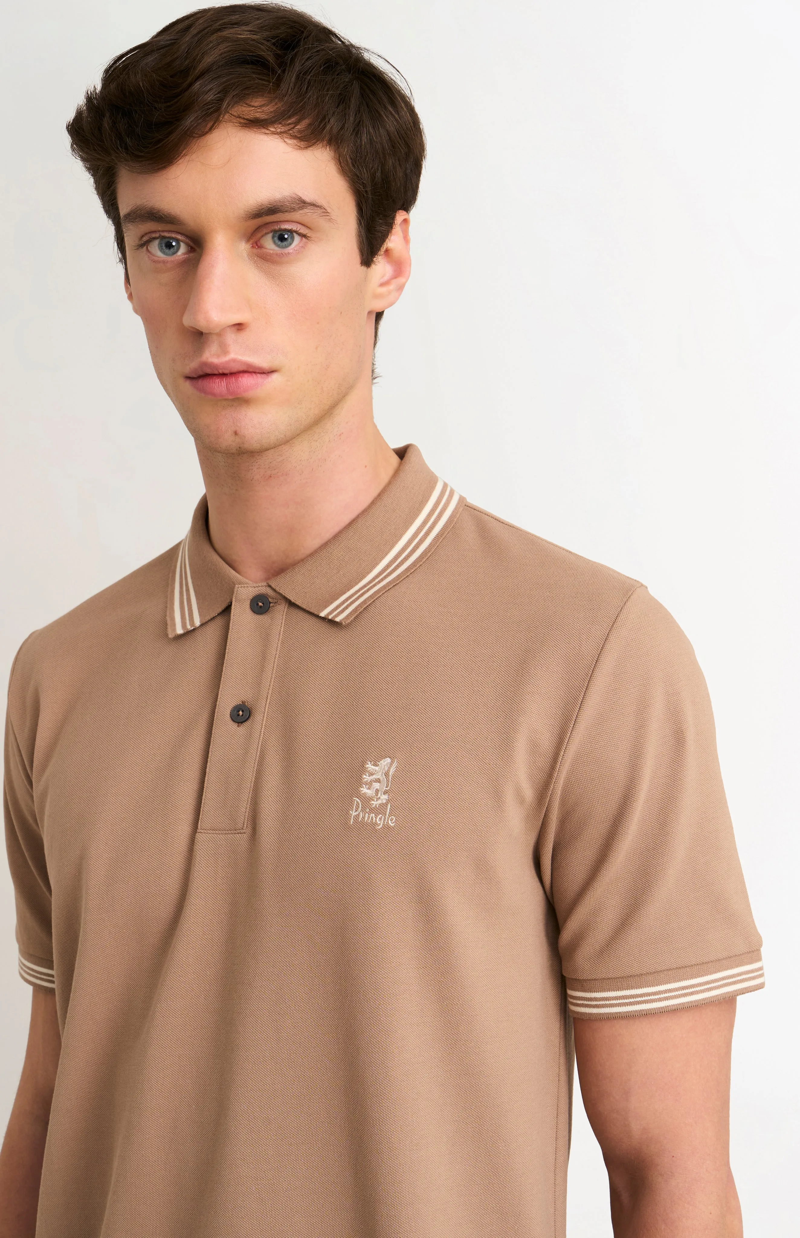 Men's Cotton Pique Polo Shirt With Tipping In Mushroom sold by Pringle of Scotland product image thumbnail 4