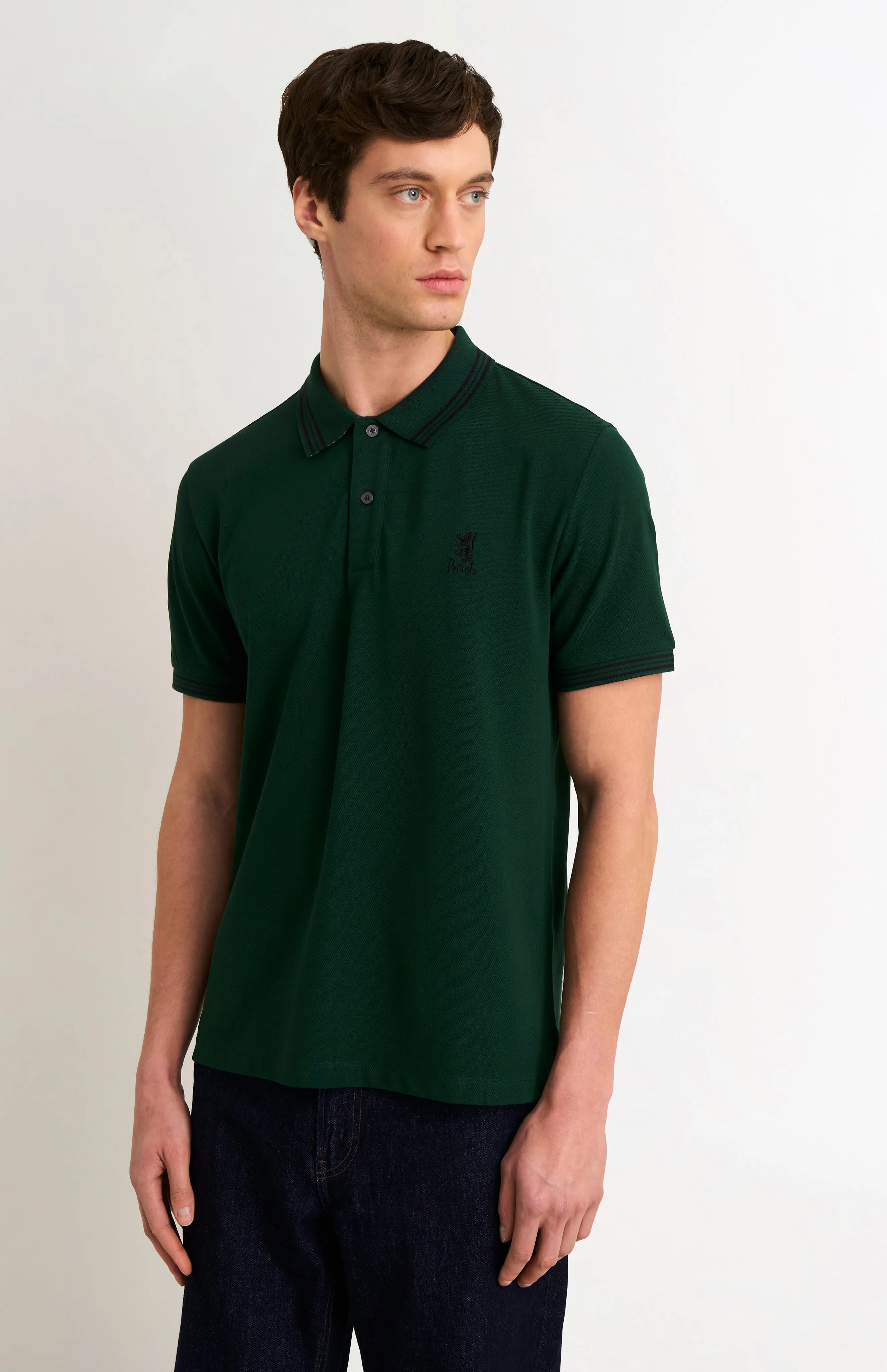 Men's Cotton Pique Polo Shirt With Tipping In Forest Green sold by Pringle of Scotland