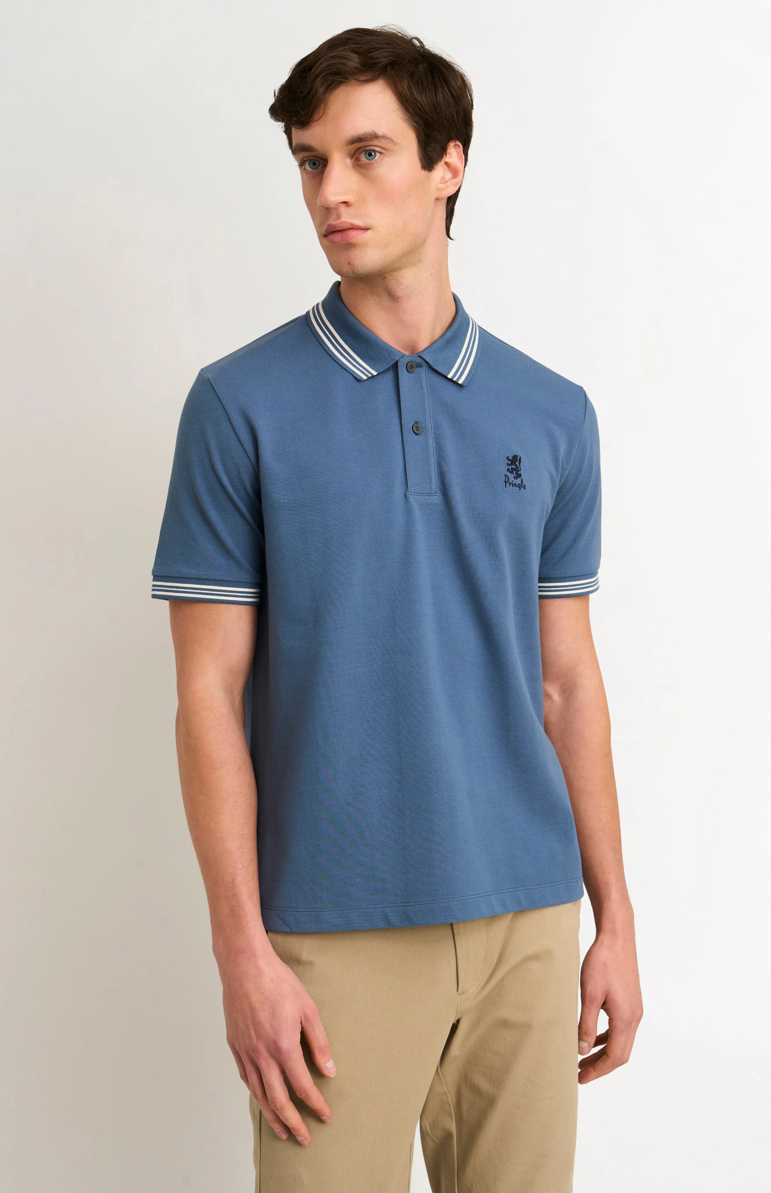 Men's Cotton Pique Polo Shirt With Tipping In Bering Sea Blue sold by Pringle of Scotland