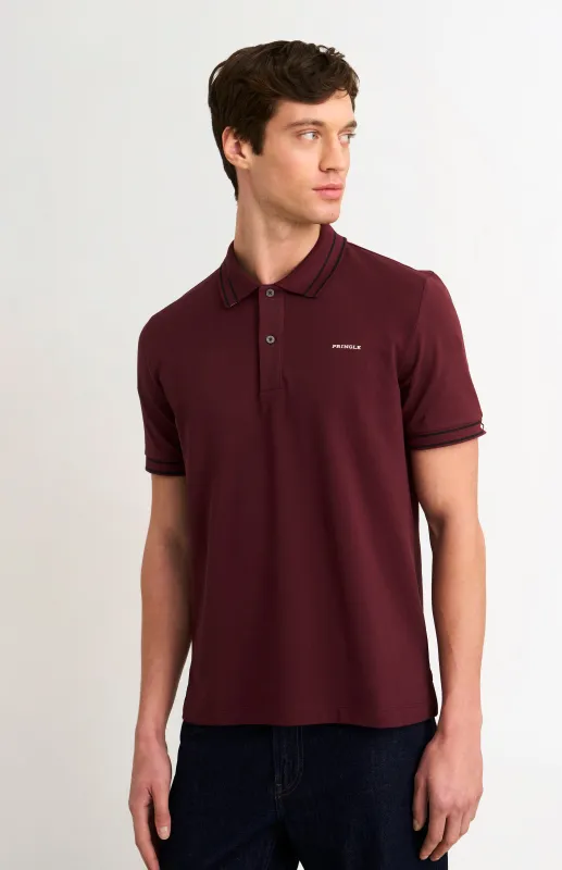 Men's Cotton Pique Polo Shirt With Diamond Jacquard Collar In Burgundy made by Pringle
