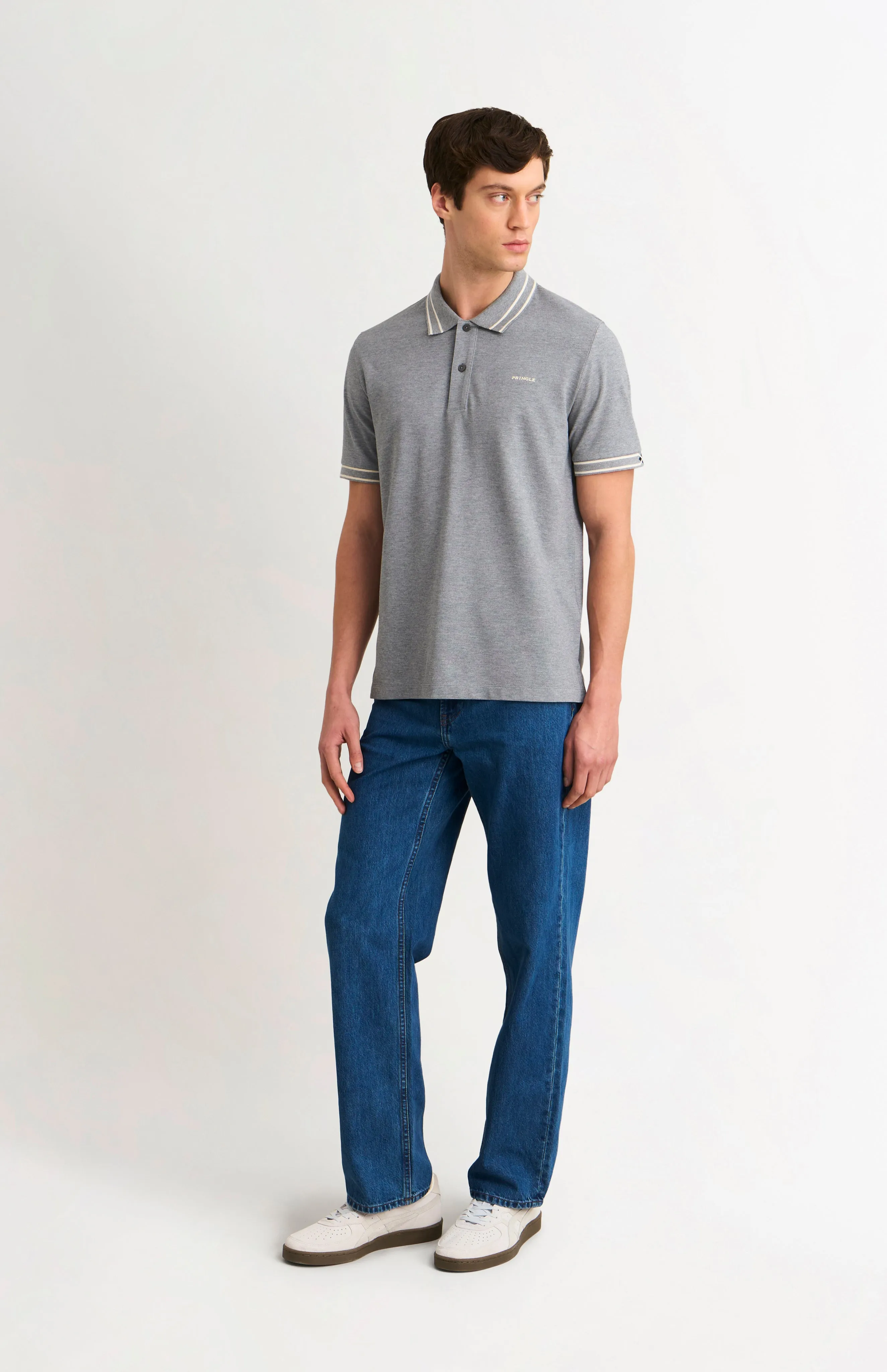 Men's Cotton Pique Polo Shirt With Diamond Jacquard Collar In Grey Melange sold by Pringle of Scotland product image thumbnail 2