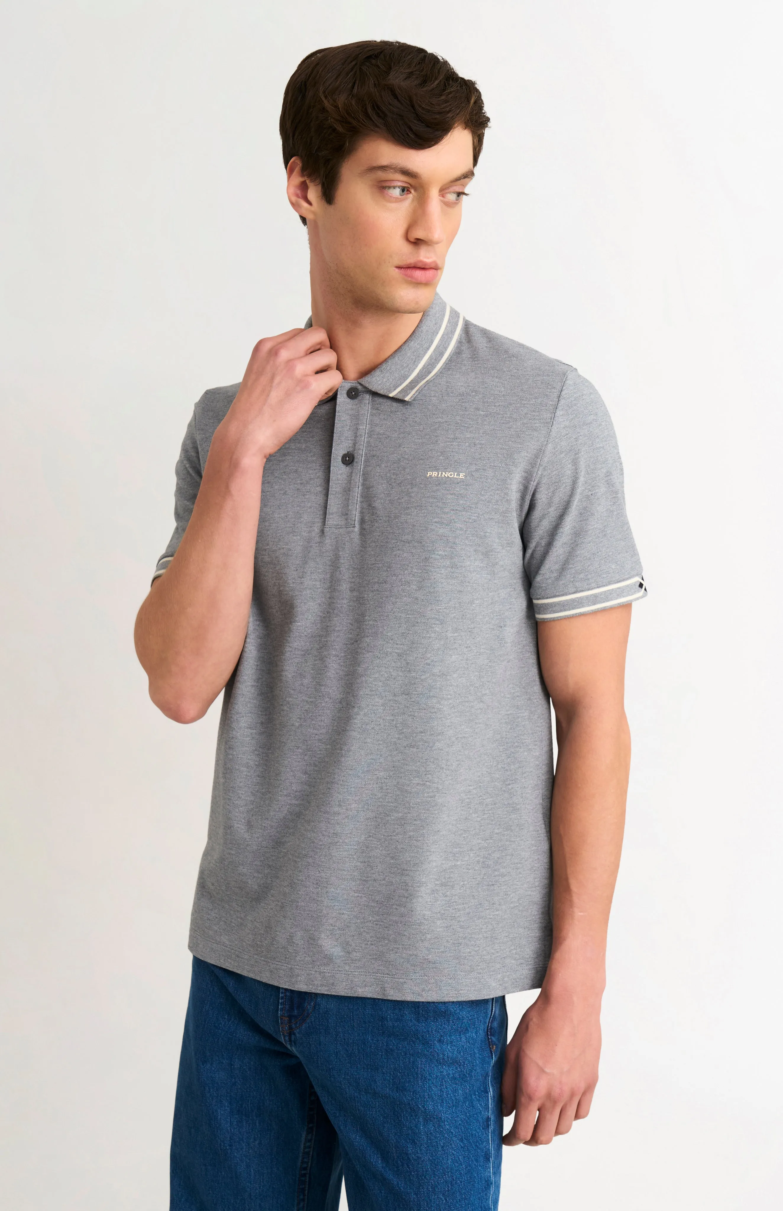 Men's Cotton Pique Polo Shirt With Diamond Jacquard Collar In Grey Melange sold by Pringle of Scotland