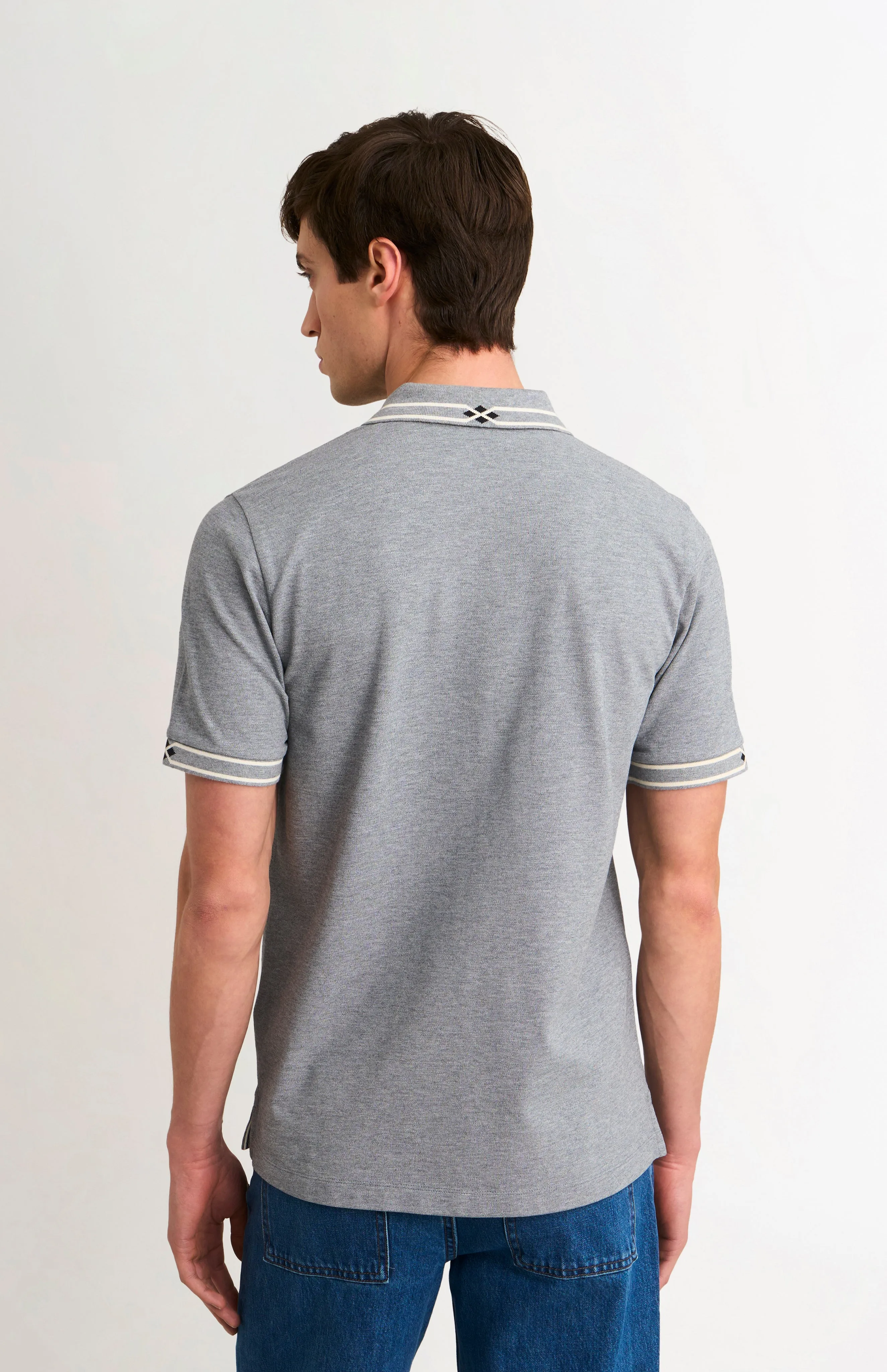 Men's Cotton Pique Polo Shirt With Diamond Jacquard Collar In Grey Melange sold by Pringle of Scotland product image thumbnail 3
