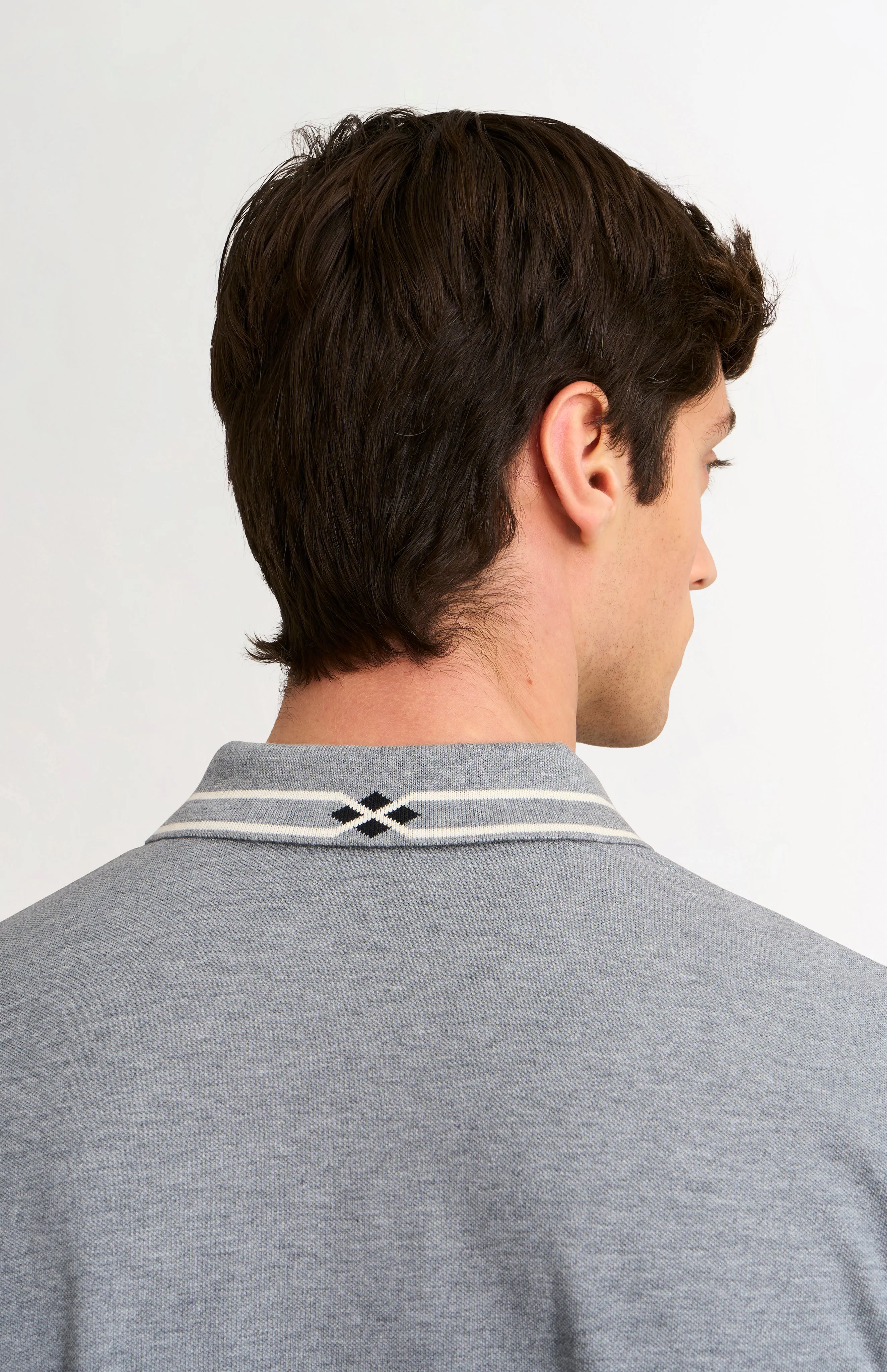 Men's Cotton Pique Polo Shirt With Diamond Jacquard Collar In Grey Melange sold by Pringle of Scotland product image thumbnail 4
