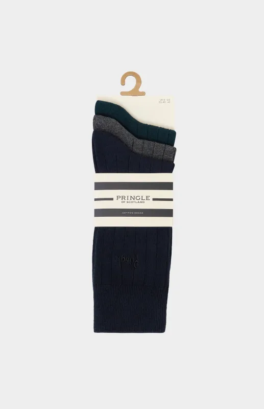 3 Pack Cotton Laird Rib Trouser Socks in Navy, Grey and Green made by Pringle