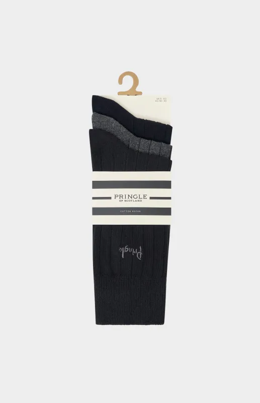 3 Pack Cotton Laird Rib Trouser Socks in Black and Grey made by Pringle
