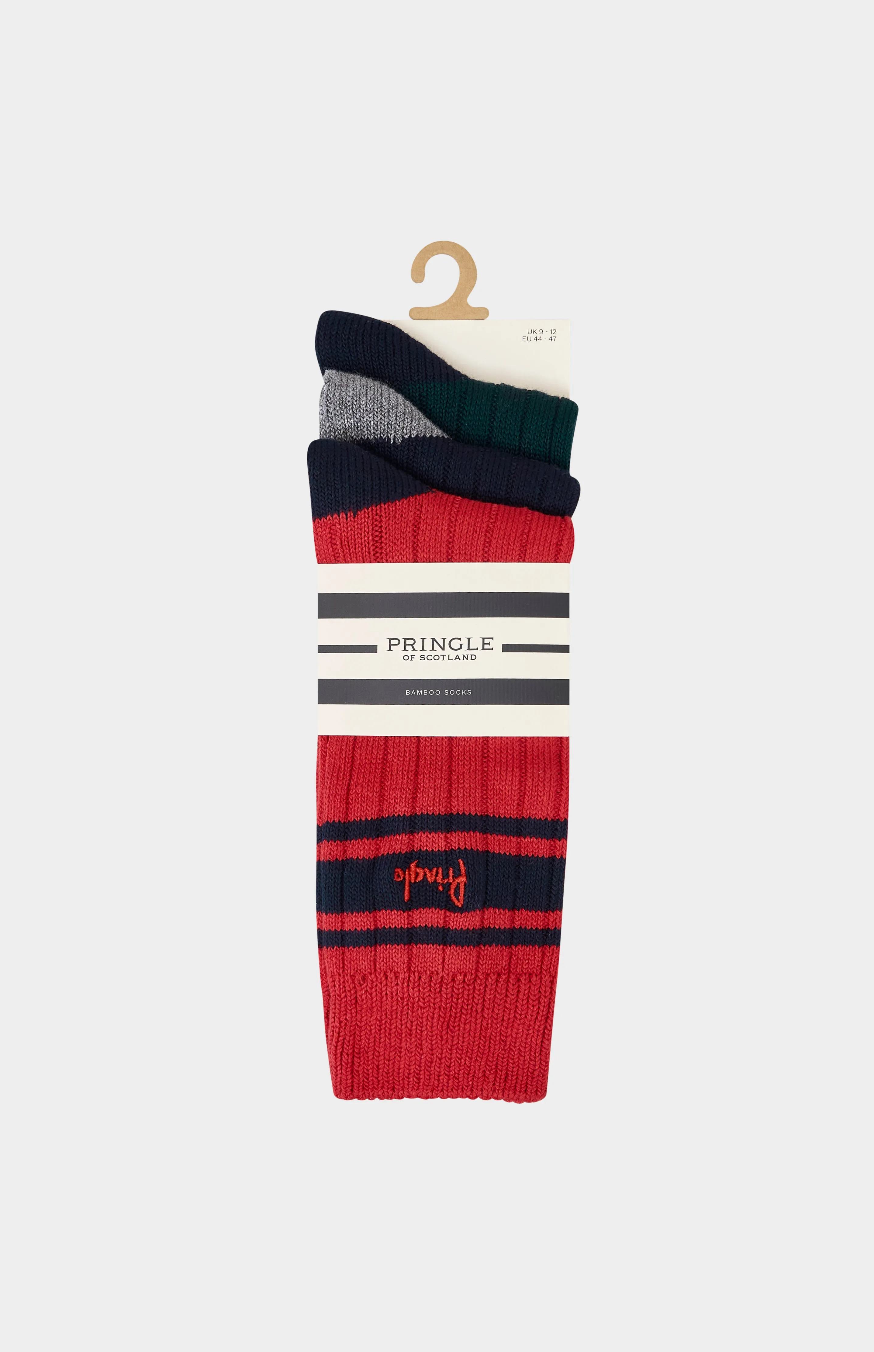 3 Pack Bamboo Blend Ribbed Leisure Socks in Black and Red sold by Pringle of Scotland