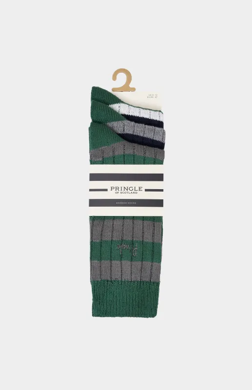 3 Pack Bamboo Rib Socks in Grey, Green & Navy Stripes made by Pringle