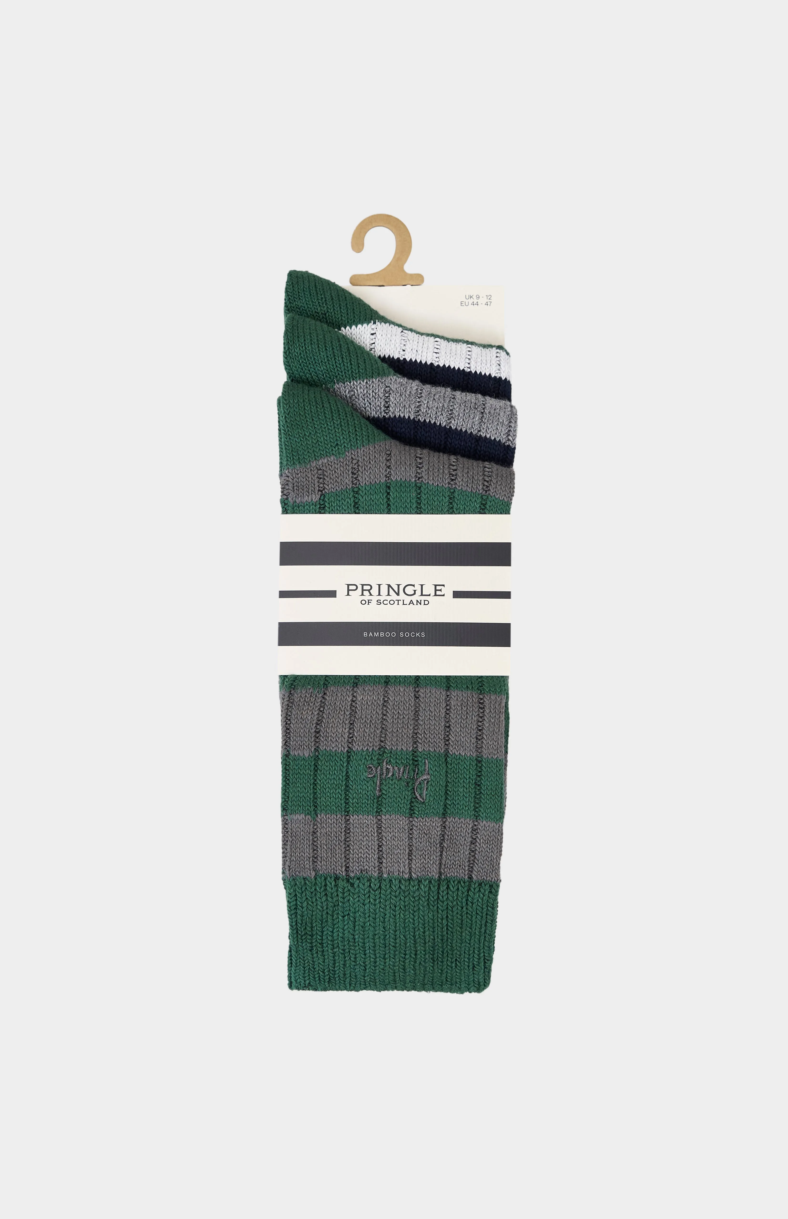 3 Pack Bamboo Rib Socks in Grey, Green & Navy Stripes sold by Pringle of Scotland