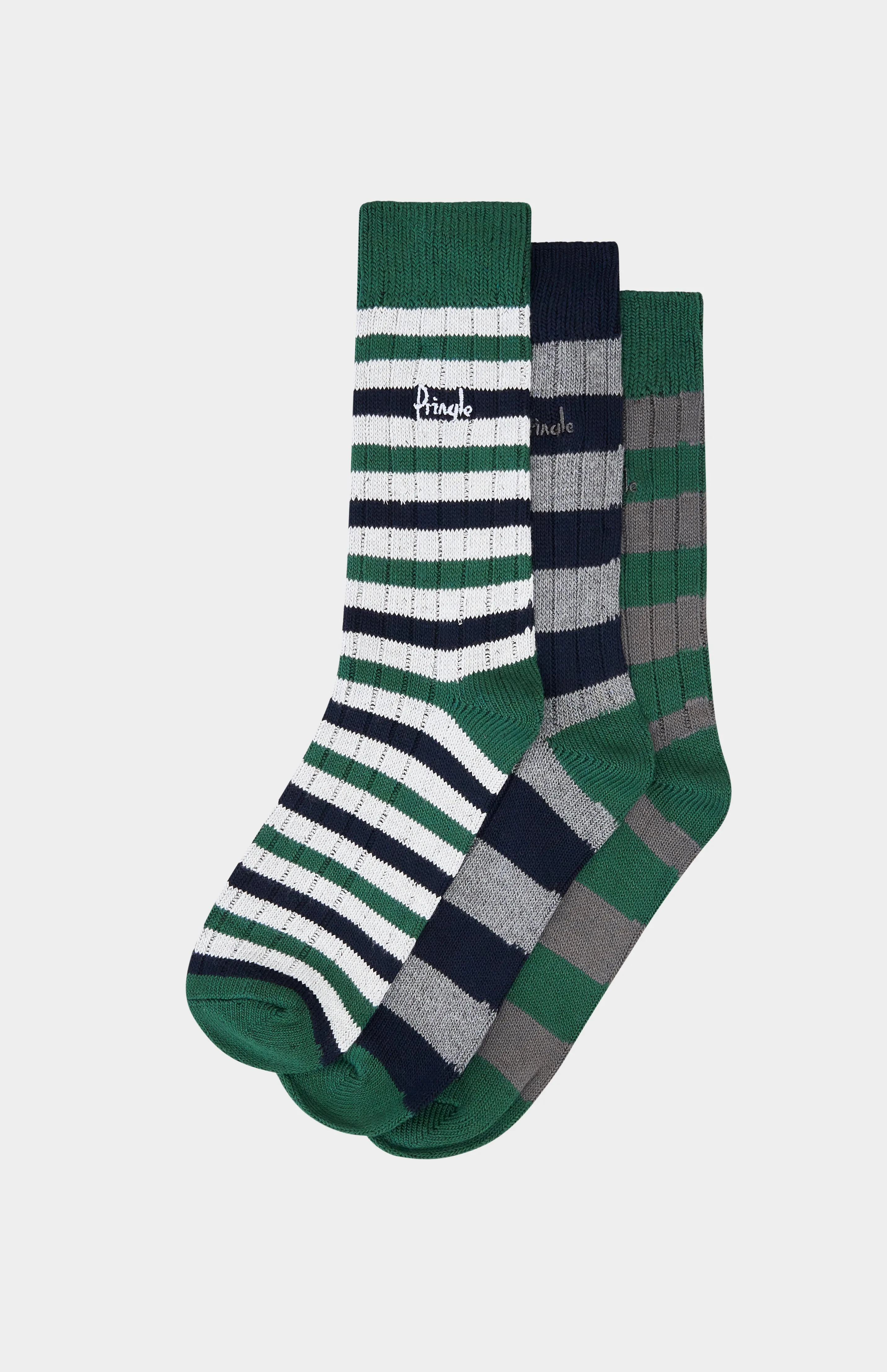 3 Pack Bamboo Rib Socks in Grey, Green & Navy Stripes sold by Pringle of Scotland product image thumbnail 2