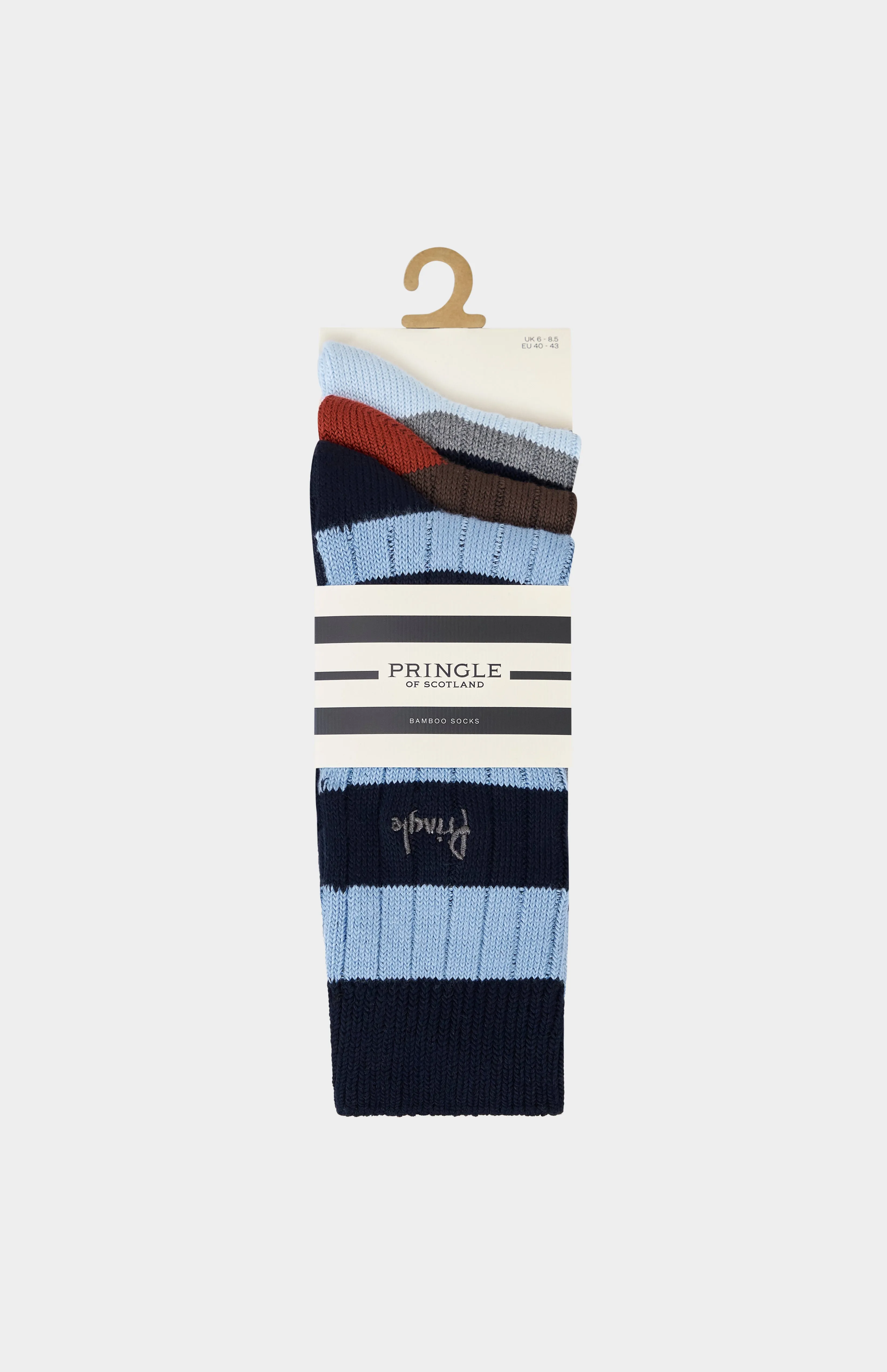 3 Pack Bamboo Rib Socks in Blue, Red & Brown Stripes sold by Pringle of Scotland