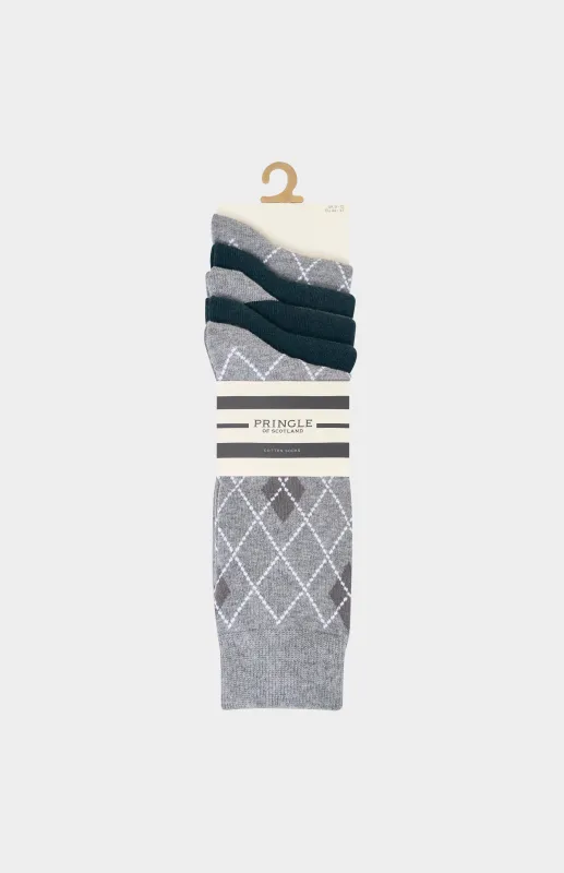 5 Pack Patterned Cotton Socks in Grey and Green made by Pringle