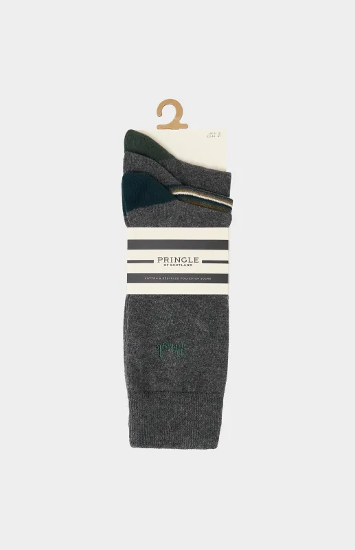 3 Pack Patterned Cotton Blend Socks in Grey and Green made by Pringle