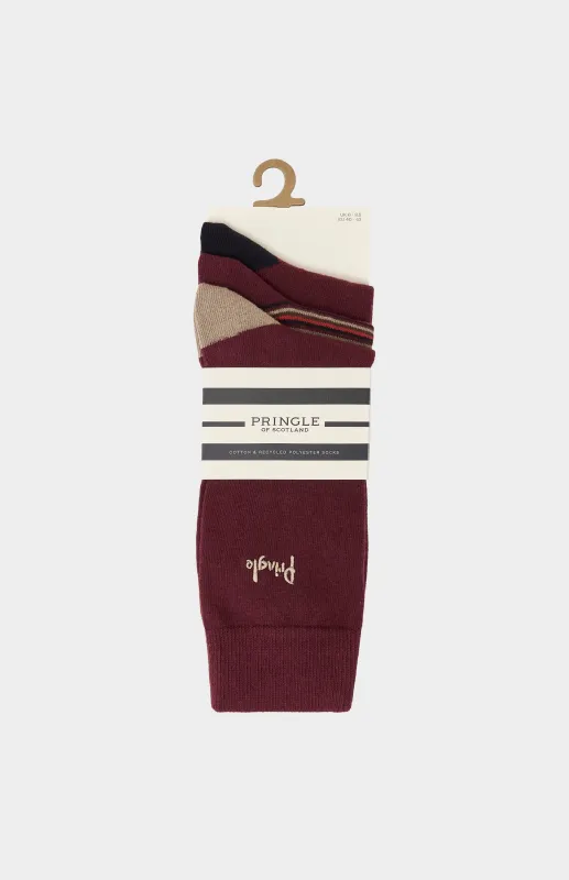 3 Pack Patterned Cotton Blend Socks in Burgundy made by Pringle