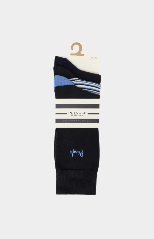 3 Pack Patterned Cotton Blend Socks in Black and Blue made by Pringle