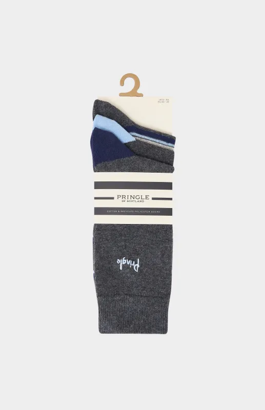 3 Pack Striped Cotton Blend Socks in Grey Marl made by Pringle