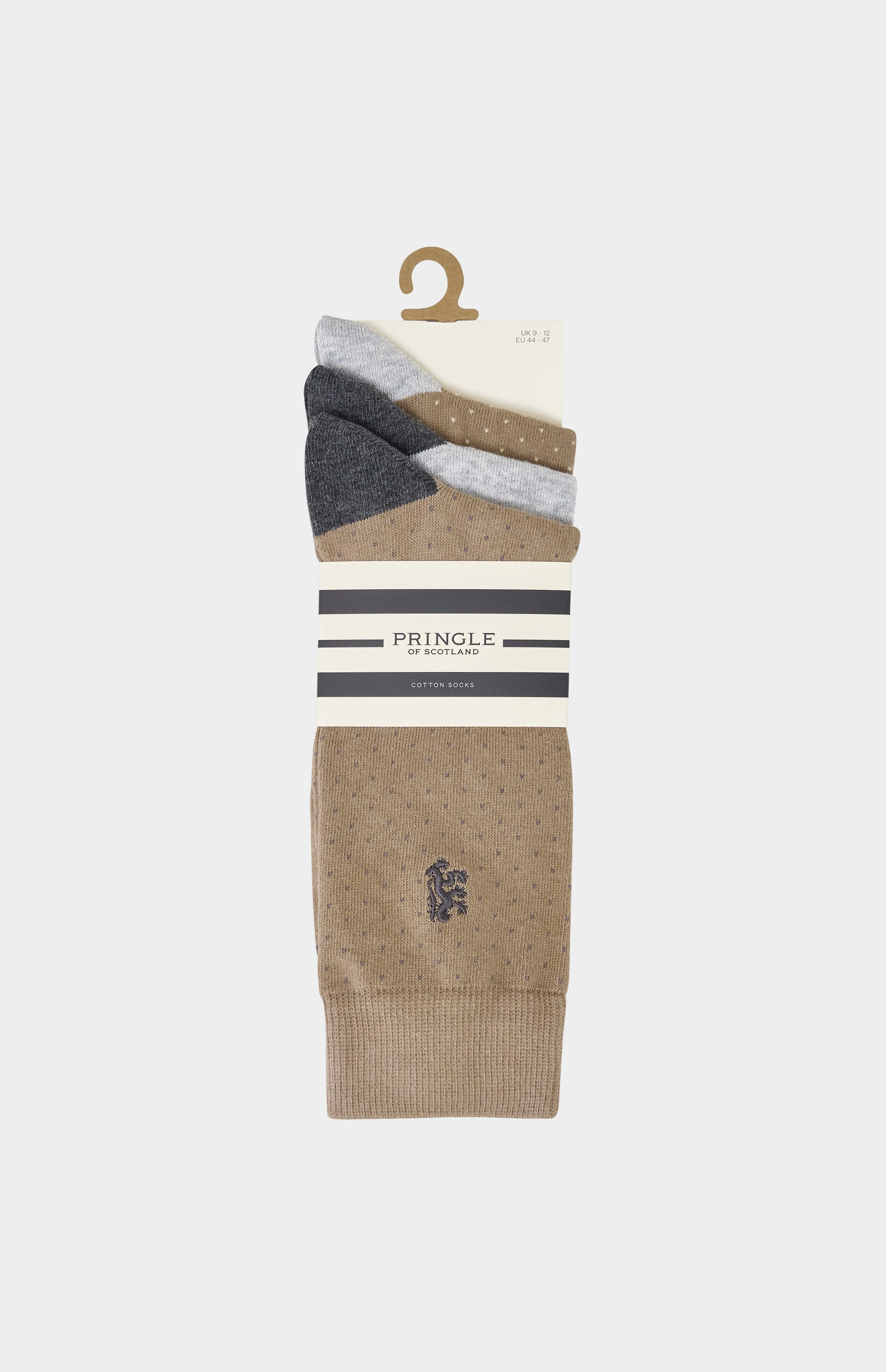 3 Pack Cotton Blend Lion Detail Socks in Charcoal, Mushroom and Grey sold by Pringle of Scotland