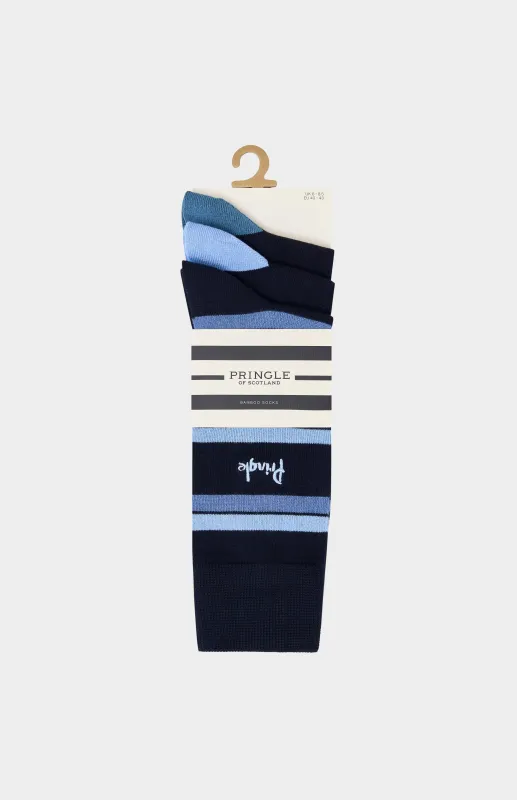 3 Pack Bamboo Blend Striped Socks in Navy made by Pringle