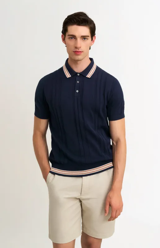 Men's Cotton And Silk Textured House Stripe Buttoned Polo Shirt In Navy made by Pringle