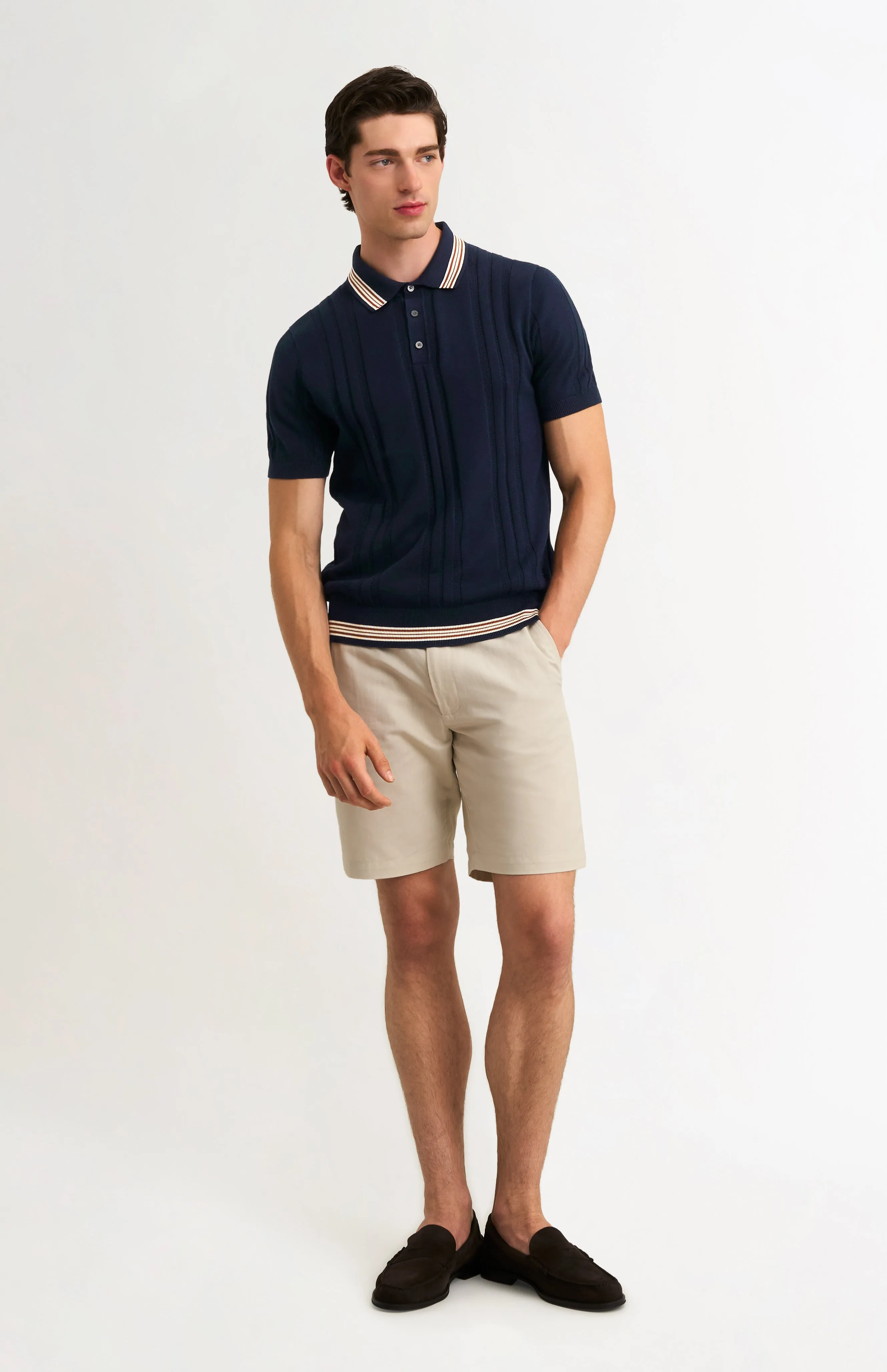 Men's Cotton And Silk Textured House Stripe Buttoned Polo Shirt In Navy sold by Pringle of Scotland product image thumbnail 3