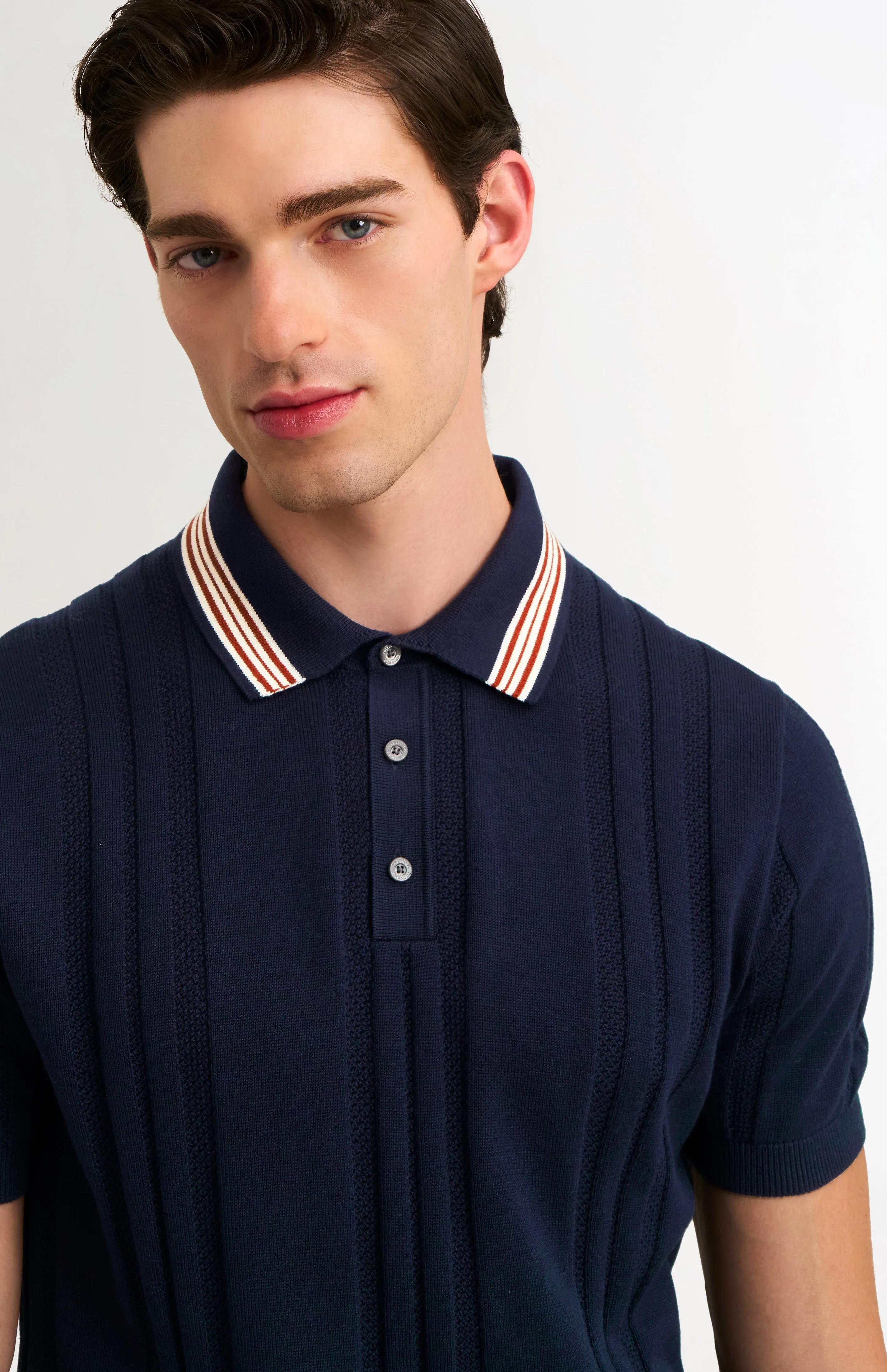 Men's Cotton And Silk Textured House Stripe Buttoned Polo Shirt In Navy sold by Pringle of Scotland product image thumbnail 2