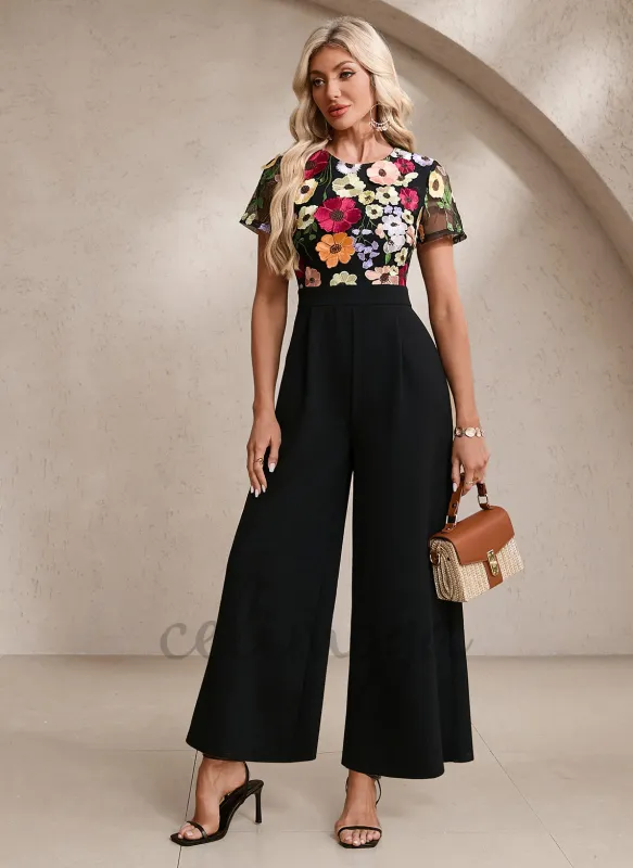 Embroidered Scoop Short Sleeve Jumpsuit/Pantsuit Tulle Stretch Crepe Maxi Dress sold by Celimoya
