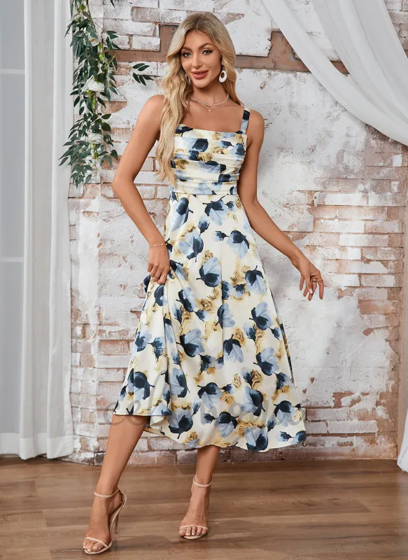 Pleated Floral Print Cowl A-line Satin Midi Dress sold by Celimoya