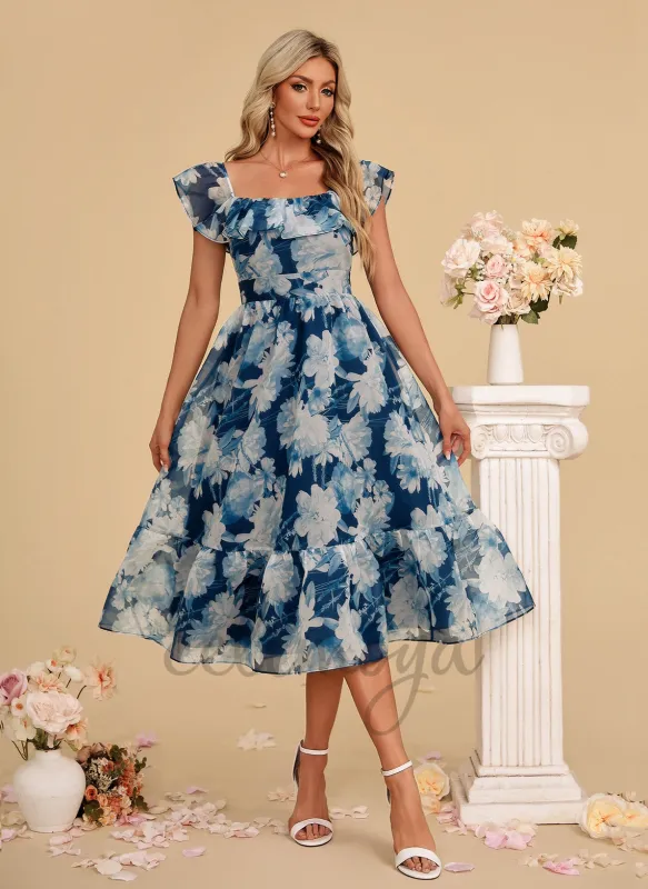 Floral Print Square A-line Organza Midi Dress - 415117 sold by Celimoya