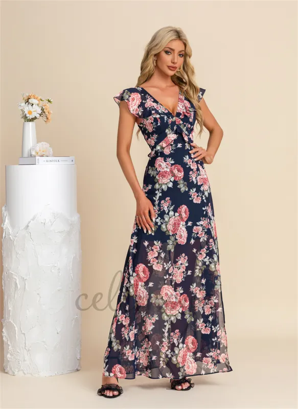 Flower Ruffle Floral Print V-Neck Vacation A-line Chiffon Maxi Dresses - 300952 sold by Celimoya