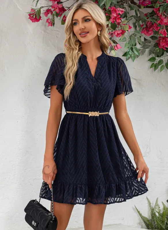Ruffle Jacquard V-Neck Vacation A-line Chiffon Jacquard Mini Dresses - 301456 sold by Celimoya