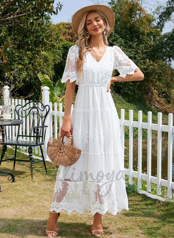 Jacquard V-Neck Vacation A-line Lace Maxi Dresses - 288443 sold by Celimoya