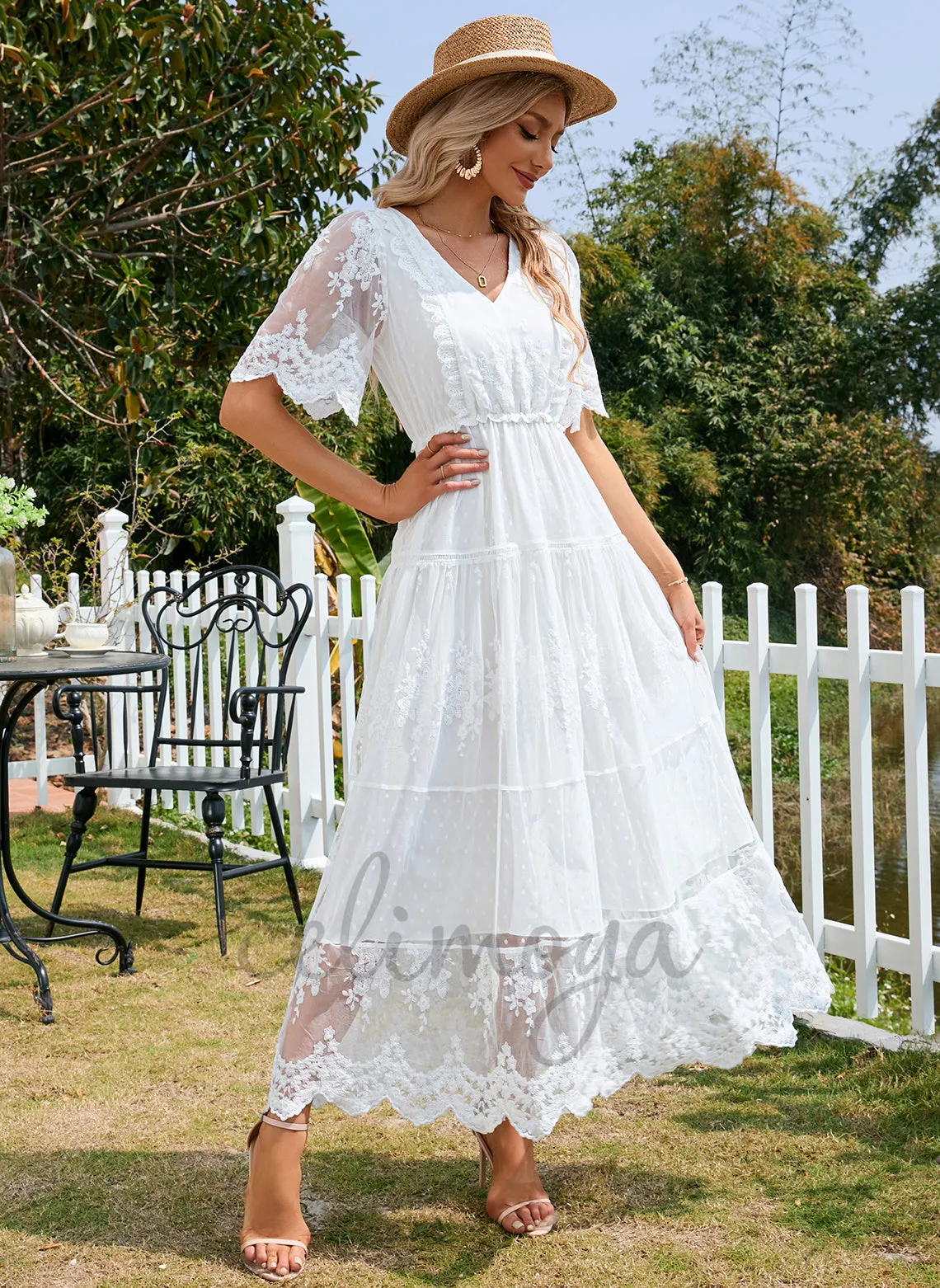 Jacquard V-Neck Vacation A-line Lace Maxi Dresses - 288443 sold by Celimoya product image thumbnail 3