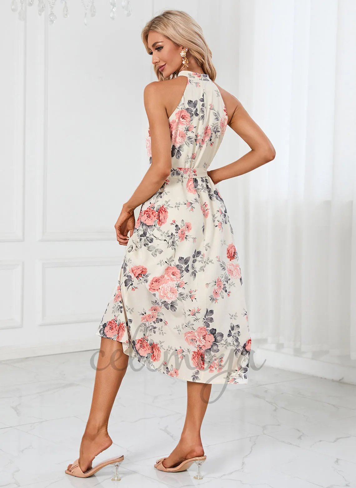 Floral Print High Neck Elegant A-line Polyester Midi Dresses - 293385 sold by Celimoya product image thumbnail 2
