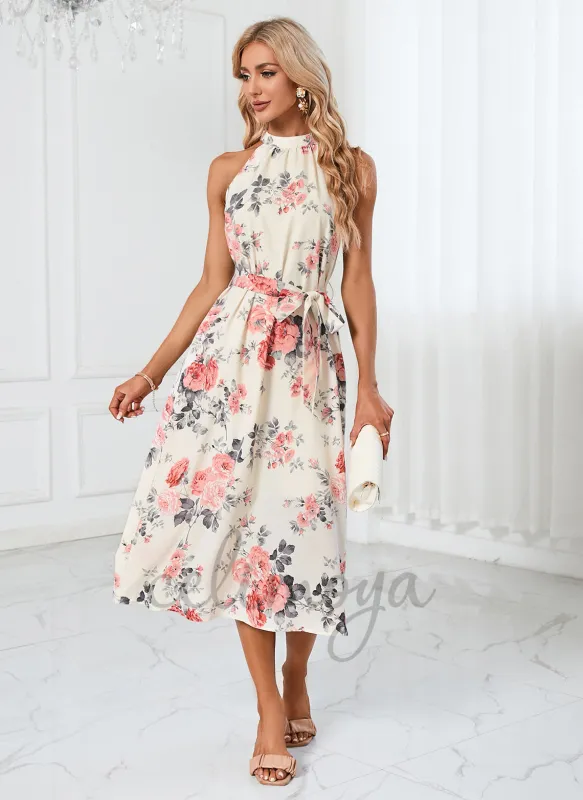 Floral Print High Neck Elegant A-line Polyester Midi Dresses - 293385 made by Celimoya